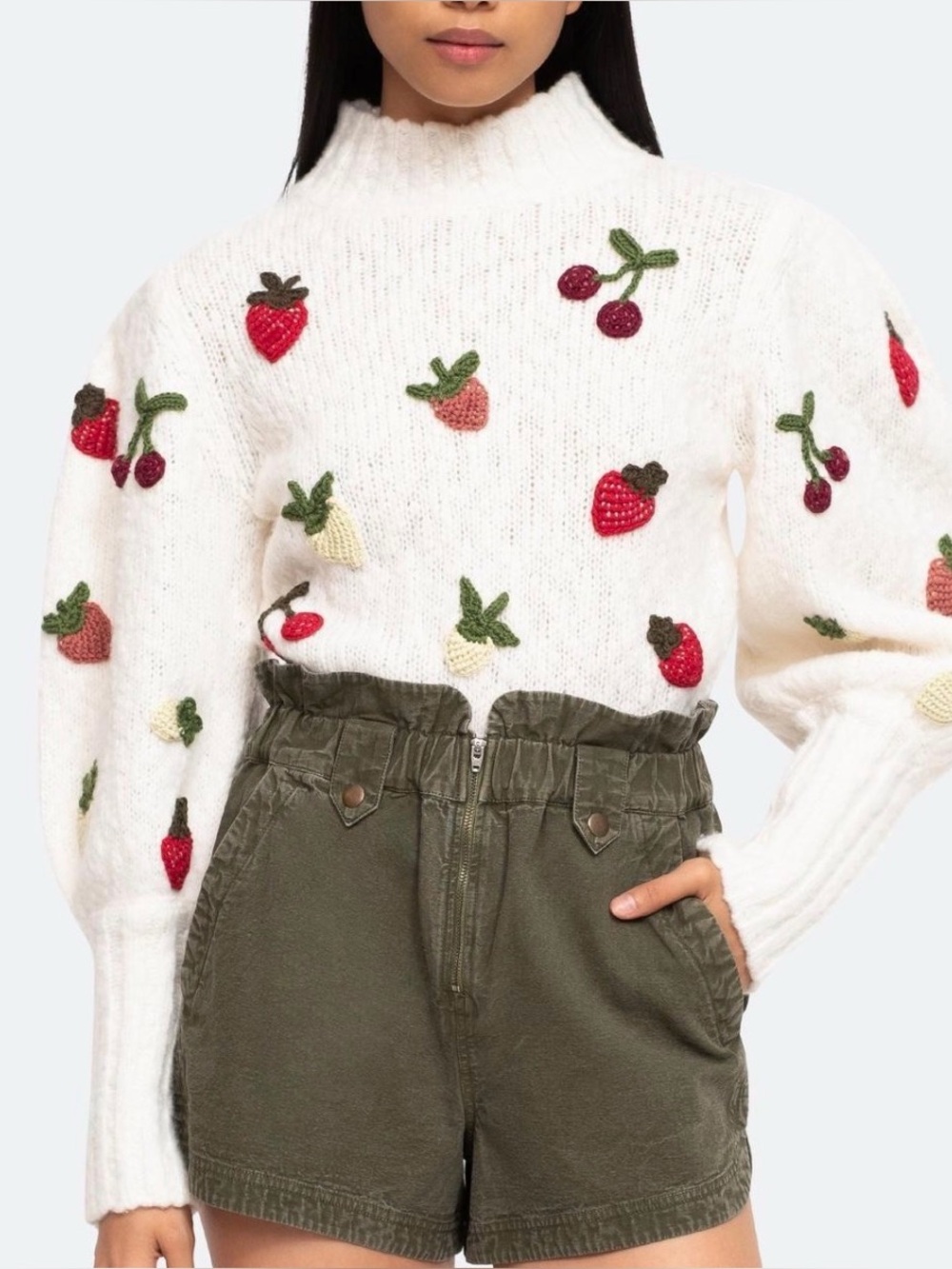 SEA Reese Crochet Fruit Appliqué Wool
Blend Sweater, Size: XS